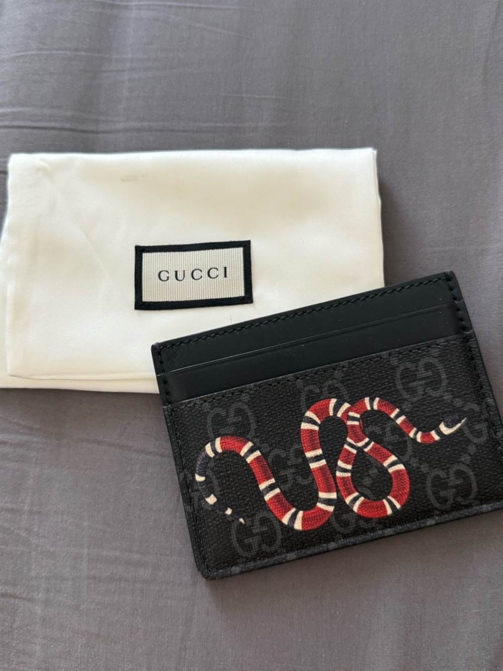 Gucci Black GG Supreme Card Holder with Red & White Snake